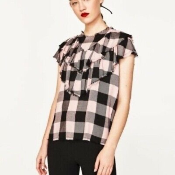 Zara Premium Denim Collection Check Raw Edge Ruffled Top S - Picture 2 of 4